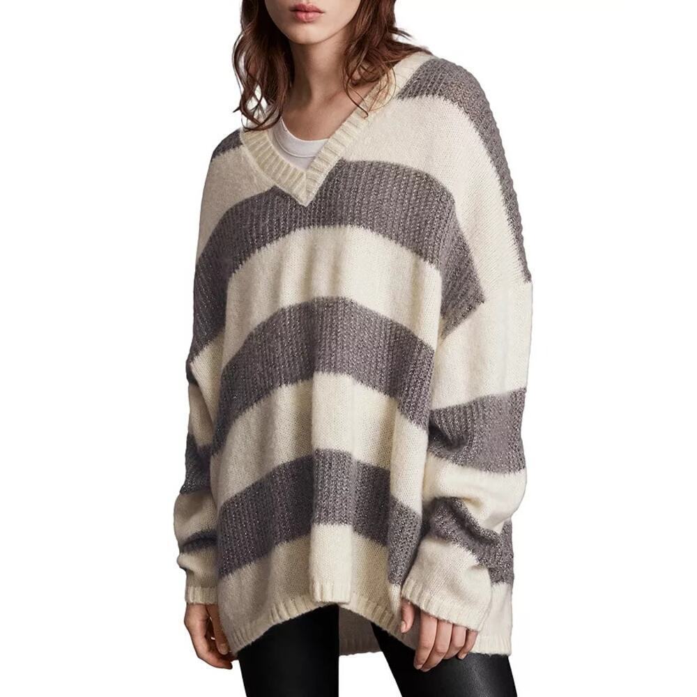 ALLSAINTS Lou Italian Yarn Metallic Striped Oversized Sweater Cream/Gray Women S